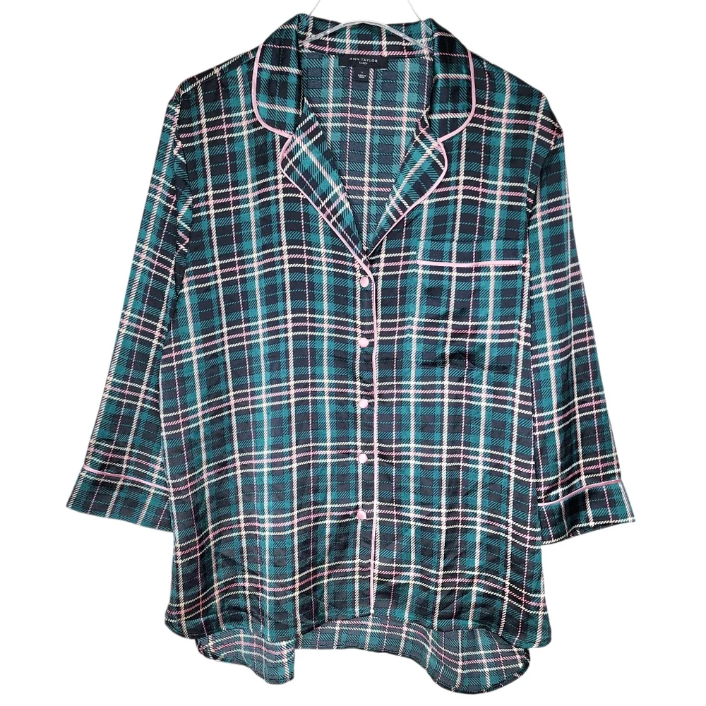Ann Taylor‎ Sleep ~ Green & Pink Plaid Satin Pajama Set Size Large